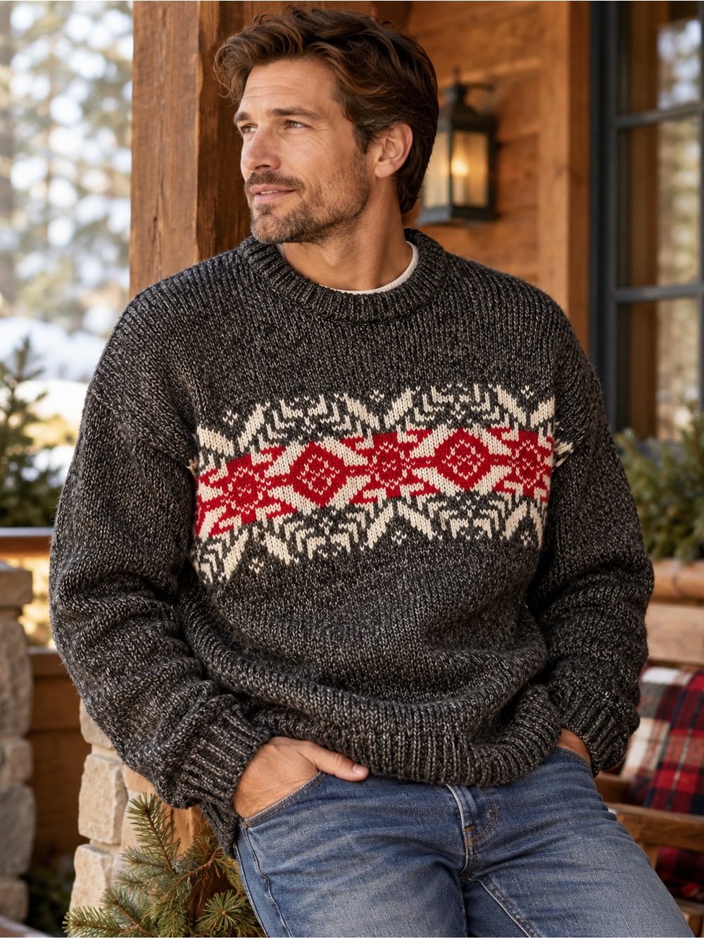 Retro Nordic Fair Isle Ski Sweater Charcoal Red Cozy XL
